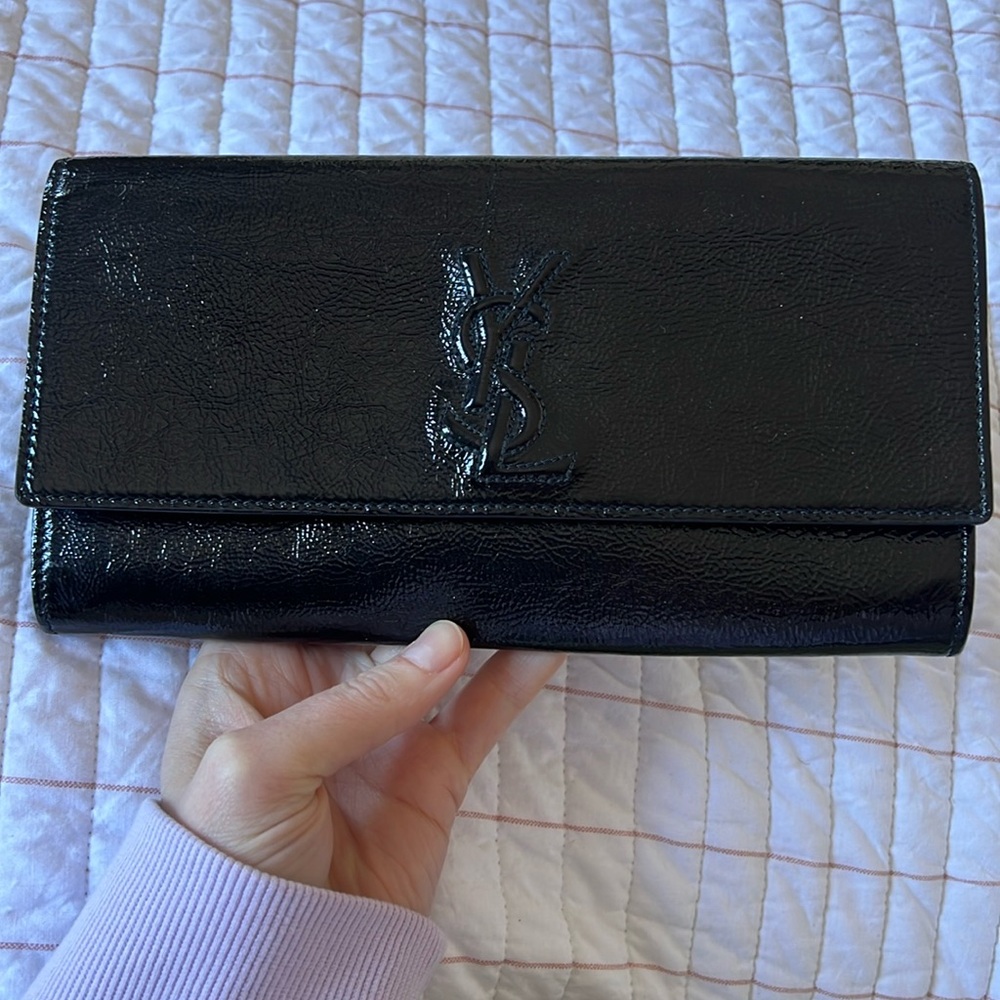 YSL crinkle patent clutch